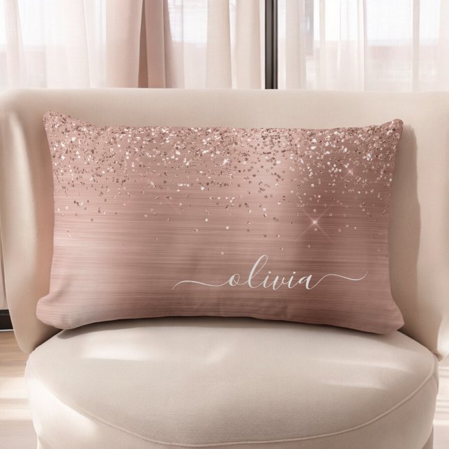 Brushed Metal Rose Gold Pink Glitter Monogram Lumbar Pillow (Creator Uploaded)