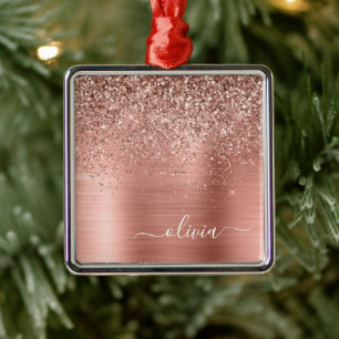 Brushed Metal Rose Gold Pink Glitter Monogram Ornament