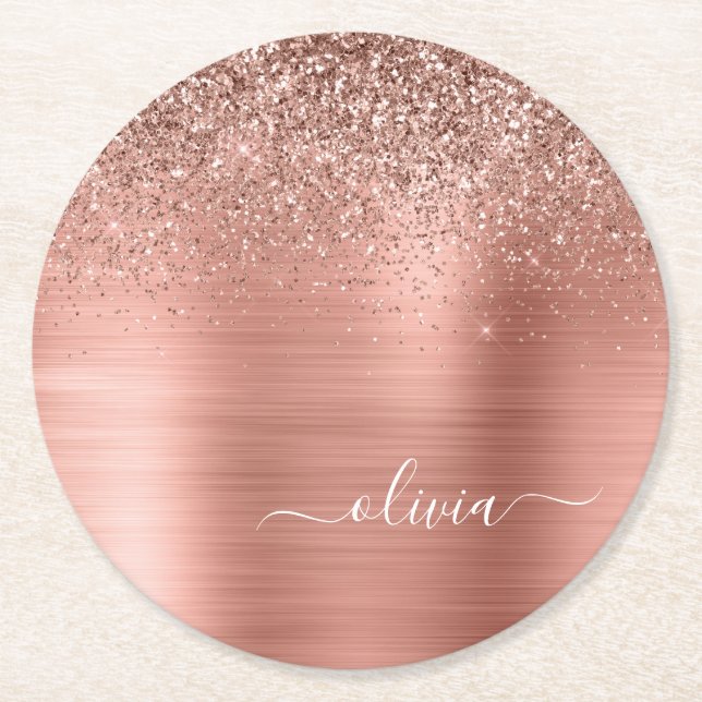 Brushed Metal Rose Gold Pink Glitter Monogram Round Paper Coaster (Front)
