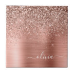 Brushed Metal Rose Gold Pink Glitter Monogram Tile<br><div class="desc">Rose Gold - Blush Pink Faux Foil Metallic Sparkle Glitter Brushed Metal Monogram Name and Initial Ceramic Tiles. This makes the perfect sweet 16 birthday,  wedding,  bridal shower,  anniversary,  baby shower or bachelorette party gift for someone that loves glam luxury and chic styles.</div>