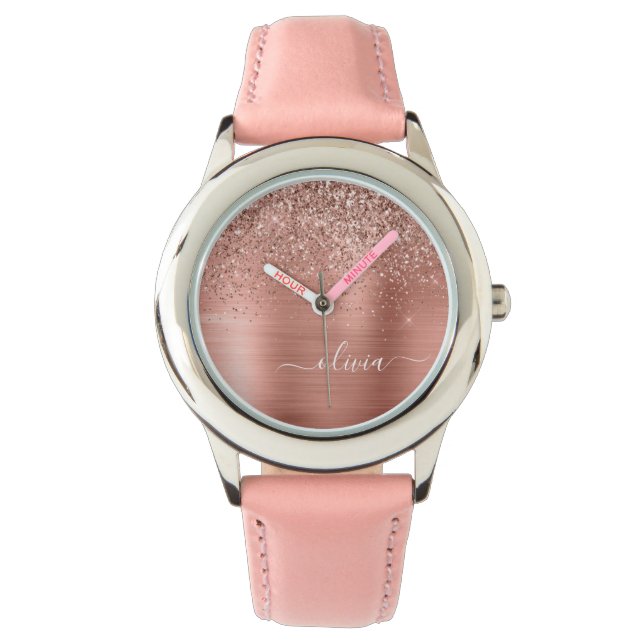 Brushed Metal Rose Gold Pink Glitter Monogram Watch (Front)