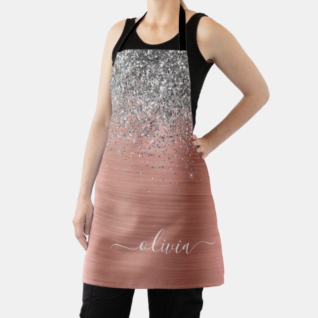 Brushed Metal Rose Gold Silver Glitter Monogram Apron (Insitu)