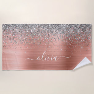 Brushed Metal Rose Gold Silver Glitter Monogram Beach Towel