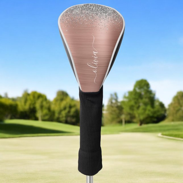Brushed Metal Rose Gold Silver Glitter Monogram Golf Head Cover (Creator Uploaded)