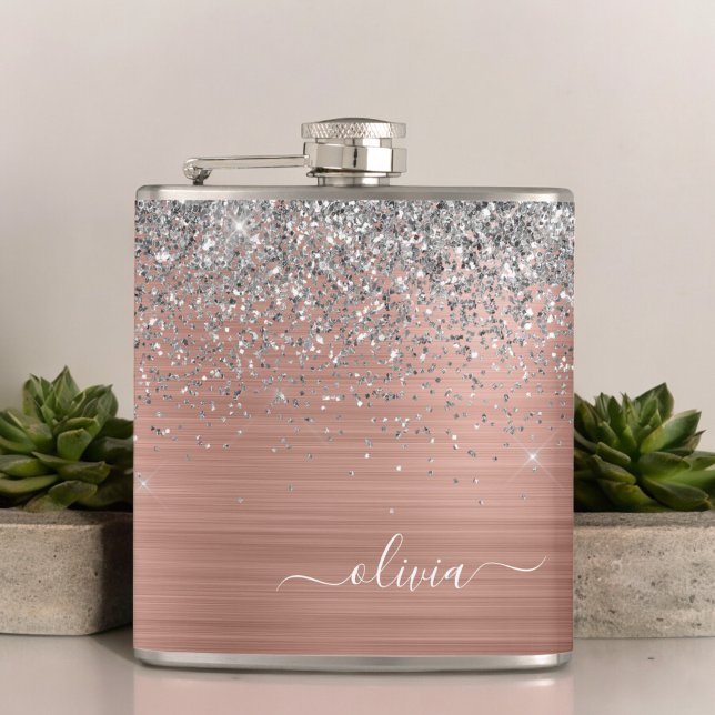 Brushed Metal Rose Gold Silver Glitter Monogram Hip Flask (Creator Uploaded)