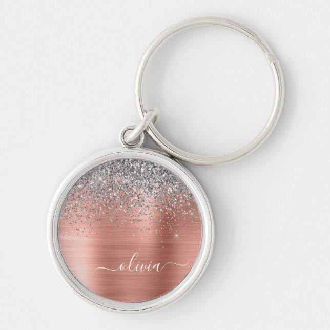 Brushed Metal Rose Gold Silver Glitter Monogram Keychain (Front)