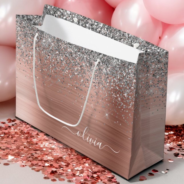 Brushed Metal Rose Gold Silver Glitter Monogram Large Gift Bag (Creator Uploaded)