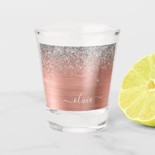 Brushed Metal Rose Gold Silver Glitter Monogram Shot Glass