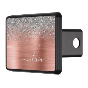 Brushed Metal Rose Gold Silver Glitter Monogram Trailer Hitch Cover