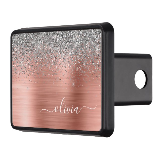 Brushed Metal Rose Gold Silver Glitter Monogram Trailer Hitch Cover (Left)