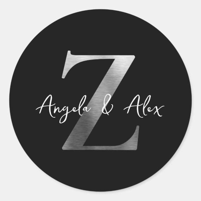 Brushed Metal Silver Black Wedding Monogram Z Classic Round Sticker (Front)