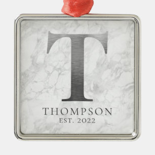 Brushed Metal Silver Monogram T Marble Metal Ornament