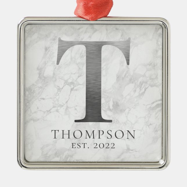 Brushed Metal Silver Monogram T Marble Ornament (Front)