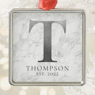 Brushed Metal Silver Monogram T Marble Ornament