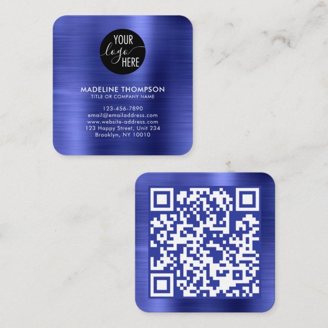 Brushed Metallic Blue Company Logo QR Code Square Business Card (Front/Back)
