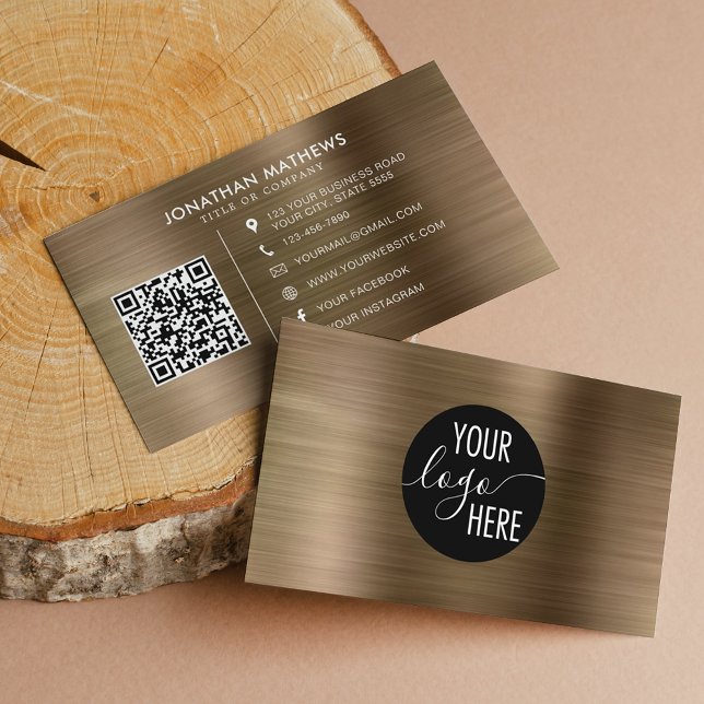 Brushed Metallic Gold Company Logo QR Code Business Card (Creator Uploaded)