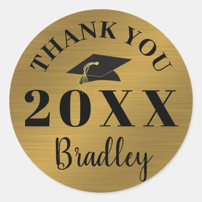 Brushed Metallic Gold Graduation Thank You Classic Round Sticker (Front)