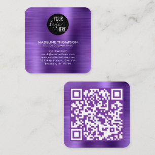 Brushed Metallic Purple Company Logo QR Code Square Business Card