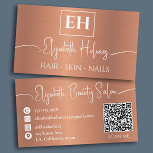 Brushed Metallic Rose Gold Monogram QR Code Business Card