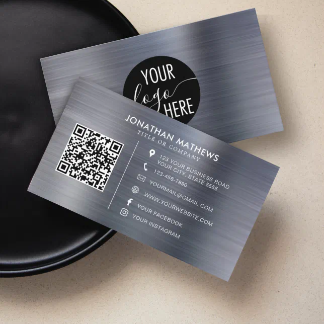 Silver Qr Code Logo Brushed Metallic Silver Grey Company Logo QR Code Business Card | Zazzle