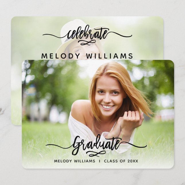 Brushed Modern Script 2 Photo Graduation Party Invitation (Front/Back)