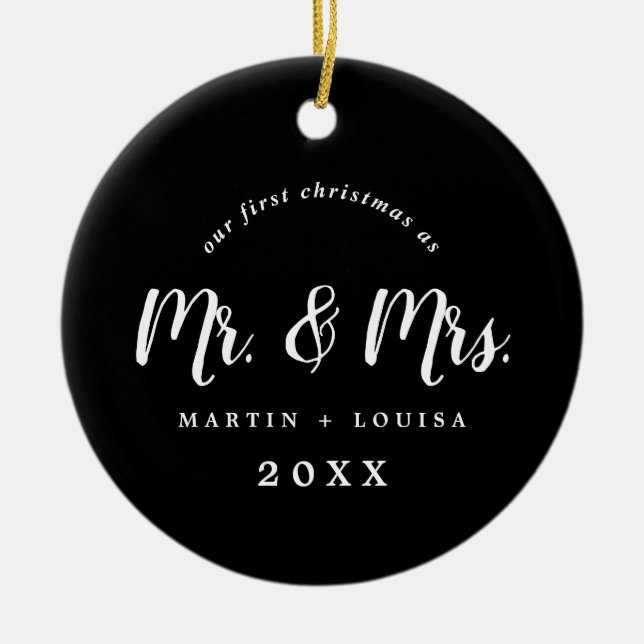 Brushed Newlywed First Christmas Wedding Photo Ceramic Ornament (Front)