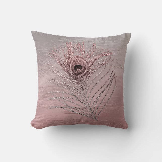 Brushed Ombre with Glitter Peacock Feather1 Throw Pillow (Front)