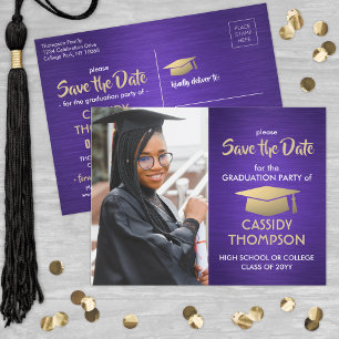 Brushed Purple Graduation Photo Save the Date Postcard