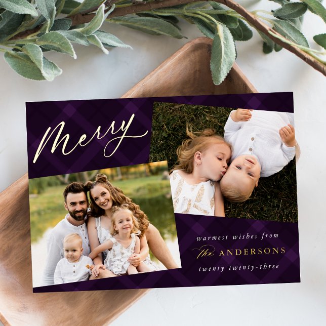 Brushed Purple Plaid Photo Foil Holiday Card (Creator Uploaded)
