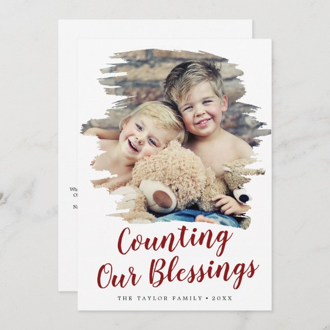 Brushed Red Counting Our Blessings Year In Review Holiday Card (Front/Back)