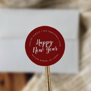 Brushed Red Happy New Year Circular Return Address Classic Round Sticker