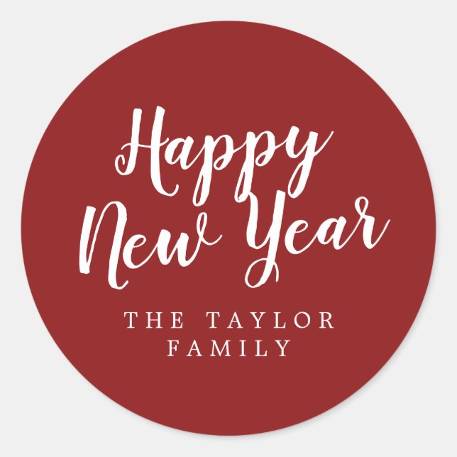 Brushed Red Happy New Year Holiday Gift Classic Round Sticker (Front)