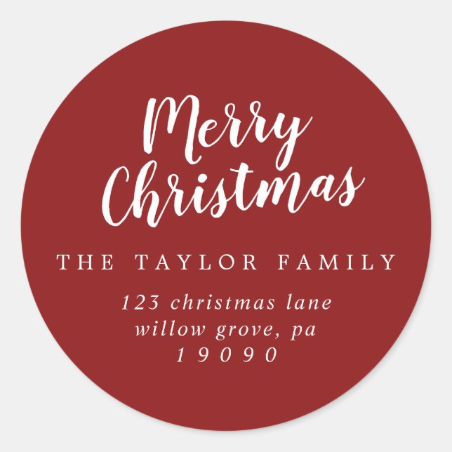 Brushed Red Merry Christmas Return Address Classic Round Sticker (Front)