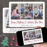 Brushed Red Script Christmas & New Years 4 Photo Holiday Card<br><div class="desc">Send stylish joyful greetings and share four of your favourite pictures with a unique custom photo collage holiday card. All text on this template is simple to personalize to include any wording, such as Merry Christmas, Happy Holidays, Seasons Greetings, New Year Cheers etc. (IMAGE PLACEMENT TIP: An easy way to...</div>