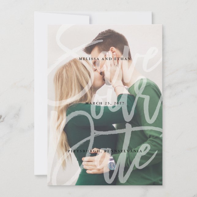Brushed Script Overlay Save the Date photo card (Front)