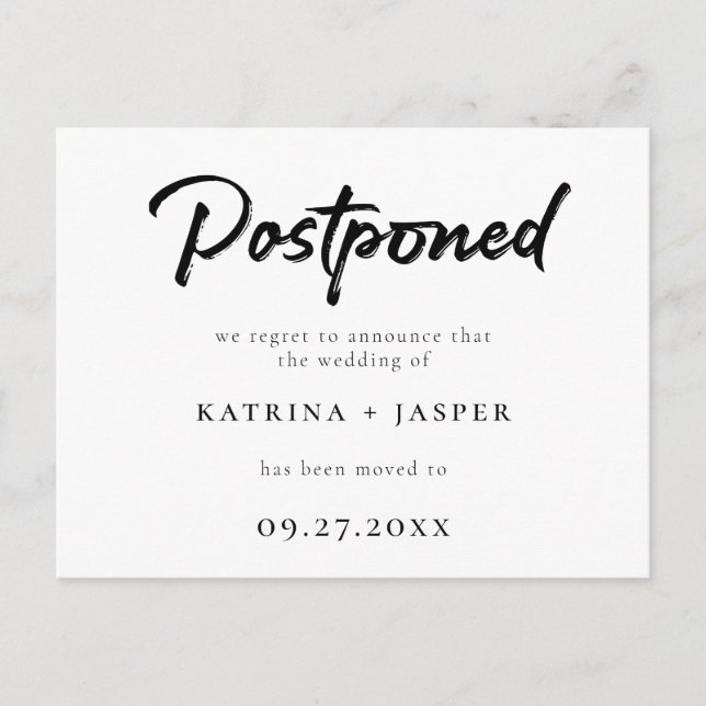 Brushed Script Postponed Wedding Announcement Postcard (Front)