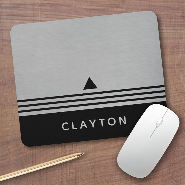 Brushed Silver and Black Manly Design Custom Name Mouse Pad (Personalized mousepad - Add Photos and Custom Text)