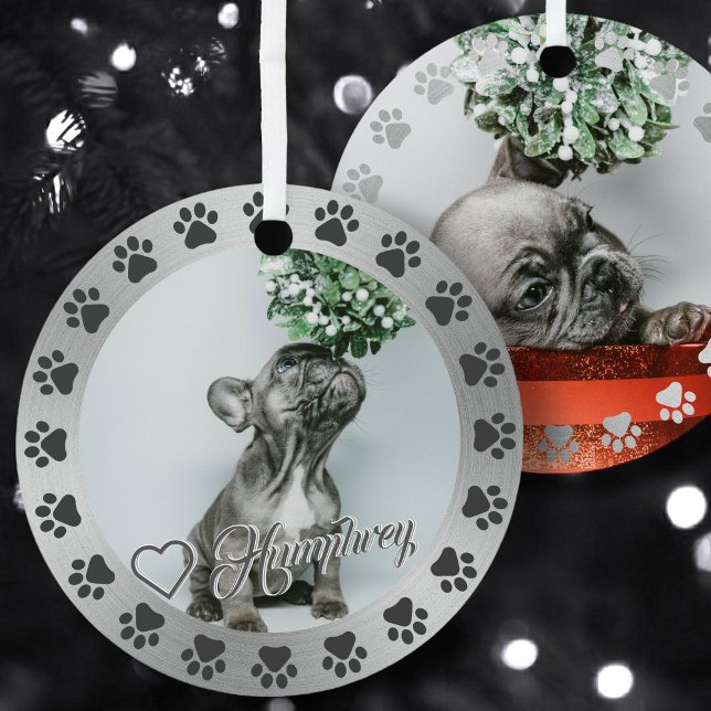 Brushed Silver + Black Paw Pet Name Christmas Tree Metal Ornament (Creator Uploaded)