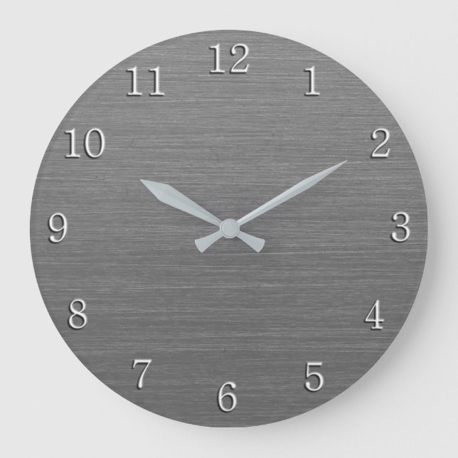 Brushed Silver Metal Look with White Numbers Large Clock (Front)