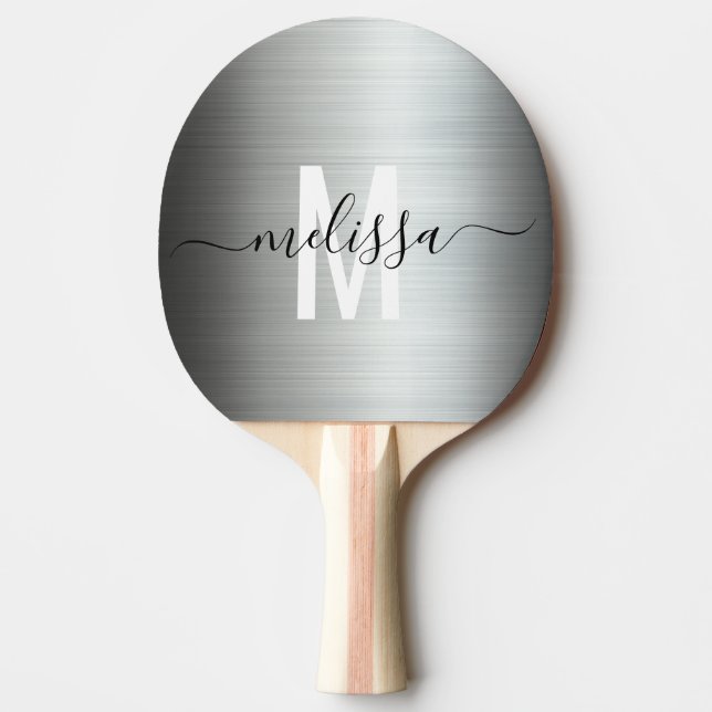 Brushed Silver Metal Monogram Handwritten script Ping Pong Paddle (Front)