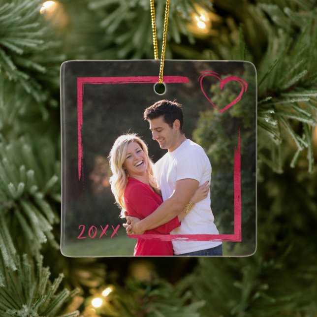 Brushed Square Outline and Heart Photo Year Ceramic Ornament (Tree)