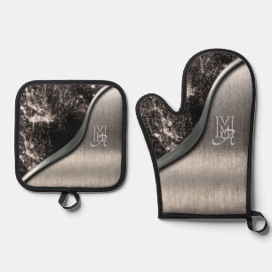 Brushed steel and metallic stone monogrammed oven mitt & pot holder set