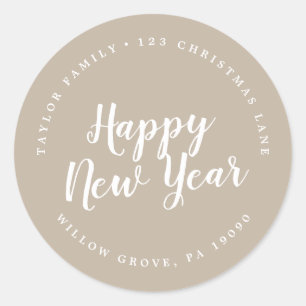 Brushed Tan Happy New Year Circular Return Address Classic Round Sticker