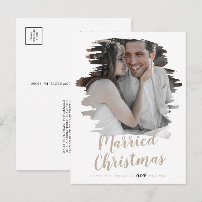Brushed Tan Married Christmas Newlywed Thank You Holiday Postcard (Front/Back)