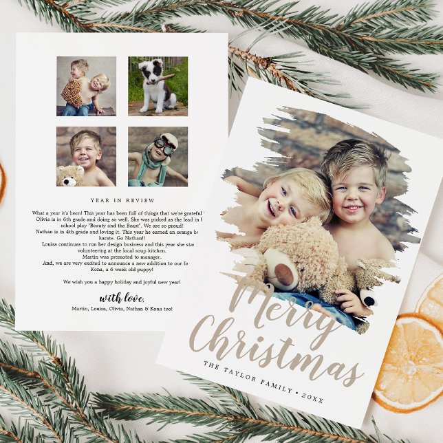 Brushed Tan Merry Christmas Year In Review Holiday Card (Creator Uploaded)