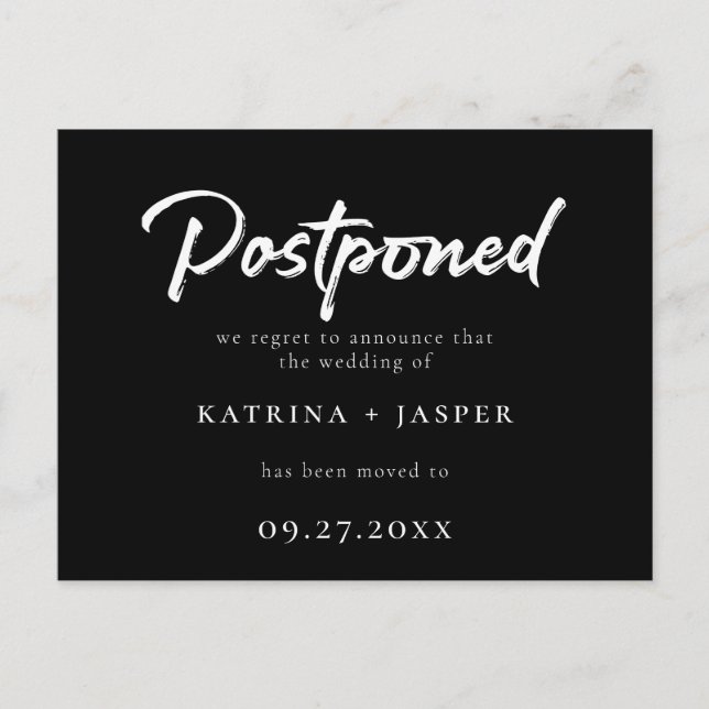 Brushed White Script Postponed Wedding Announcement Postcard (Front)