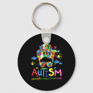 Brushstroke Autism Awareness Accept Love Messy Bun Keychain