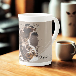 brushstroke taupe pets name typography & photo bone china mug