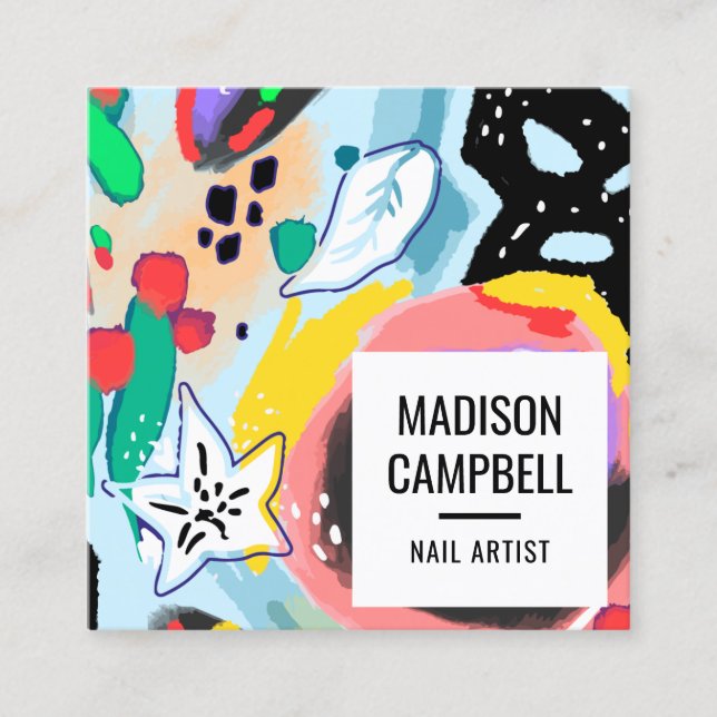 Brushstrokes art nail artist salon abstract floral square business card (Front)