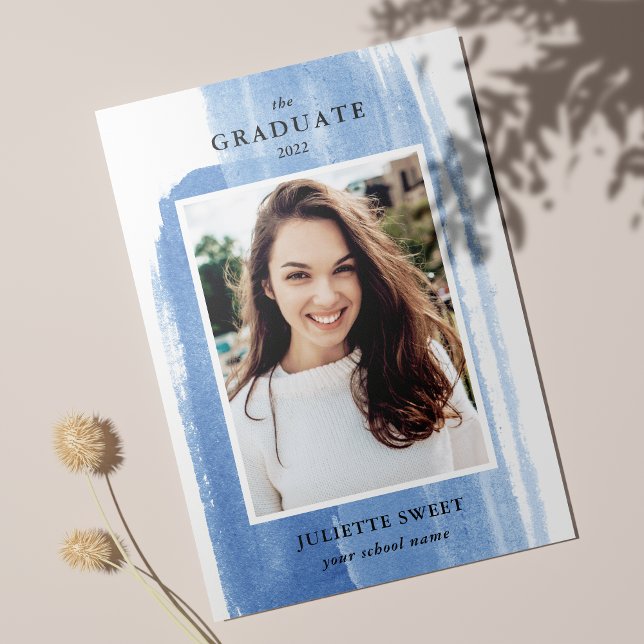 Brushstrokes |  Dark Blue Photo Girly Graduation Invitation (Creator Uploaded)